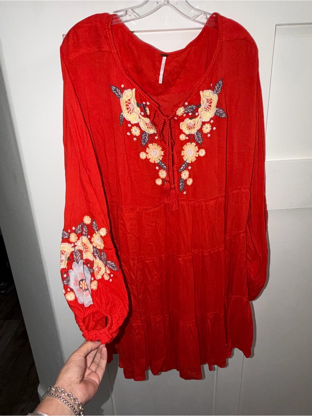 $148 Free People Spell On You Poppy Red Floral Embroidered Peasant Dress Large - Picture 5 of 7